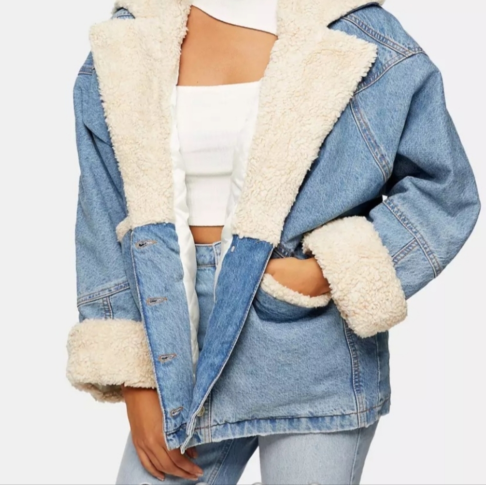 TOPSHOP BORG LINED DENIM CAR COAT.